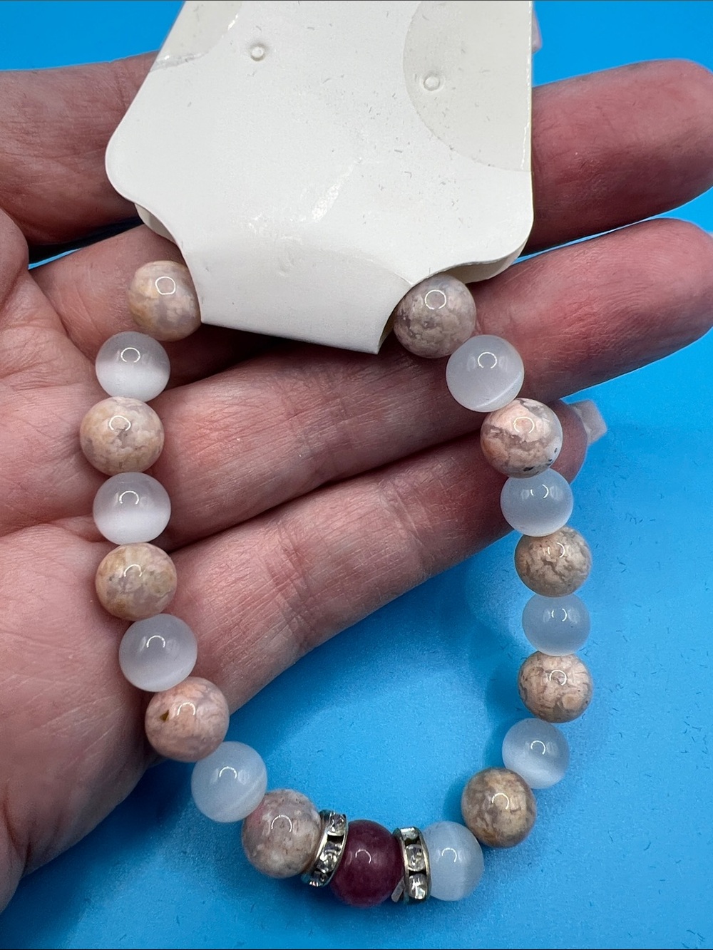 Pink-Beige and Milky White Beaded Stretch Bracelet with Burgundy Accent